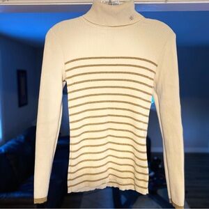 Lauren Ralph Lauren Ivory Gold striped Ribbed Knit Turtleneck